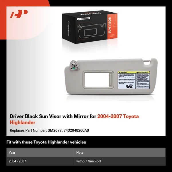 Driver Black Sun Visor with Mirror for 2004-2007 Toyota Highlander