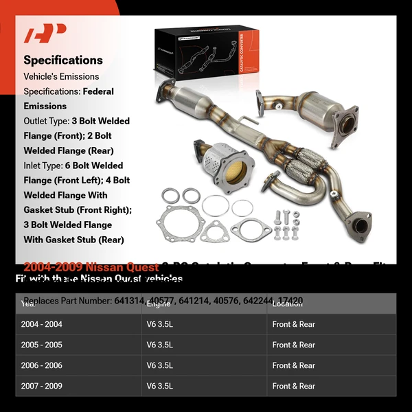 2004-2009 Nissan Quest 3-PC Catalytic Converter Front & Rear Fit Federal Emissions A-Premium APCCT260