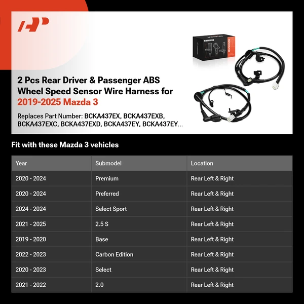 2 Pcs Rear Driver & Passenger ABS Wheel Speed Sensor Wire Harness for 2019-2025 Mazda 3