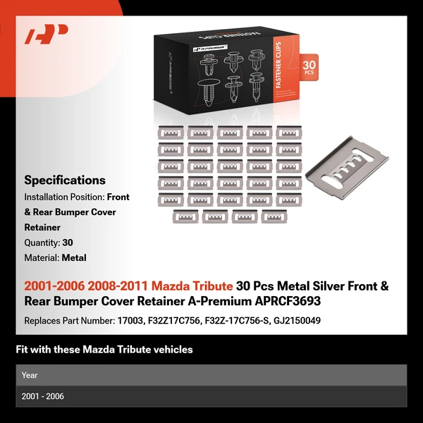 2001-2006 2008-2011 Mazda Tribute 30 Pcs Metal Silver Front & Rear Bumper Cover Retainer A-Premium APRCF3693