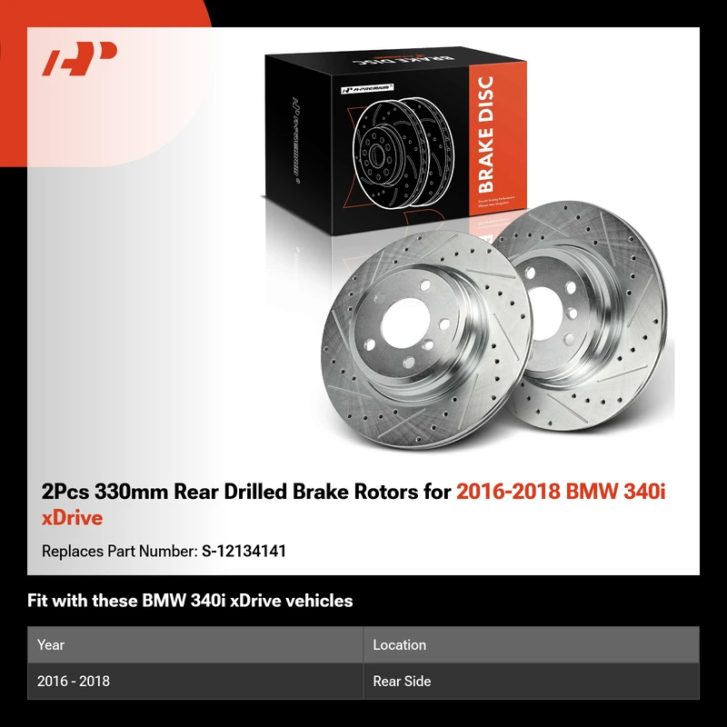 2Pcs 330mm Rear Drilled Brake Rotors for 2016-2018 BMW 340i xDrive