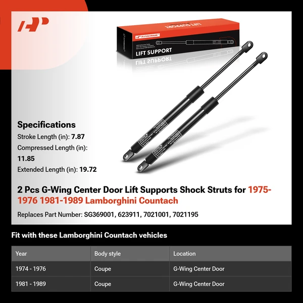 2 Pcs G-Wing Center Door Lift Supports Shock Struts for 1975-1976 1981-1989 Lamborghini Countach