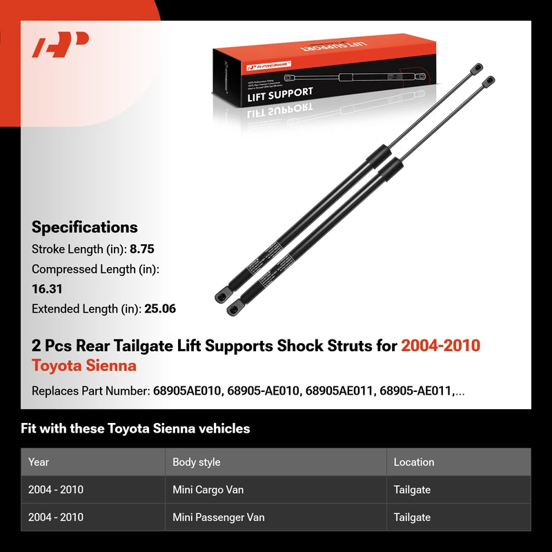 2 Pcs Rear Tailgate Lift Supports Shock Struts for 2004-2010 Toyota Sienna