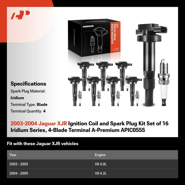 2003-2004 Jaguar XJR Ignition Coil and Spark Plug Kit Set of 16 Iridium Series, 4-Blade Terminal A-Premium APIC0555