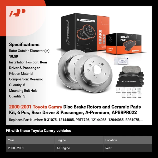 2000-2001 Toyota Camry Disc Brake Rotors and Ceramic Pads Kit, 6 Pcs, Rear Driver & Passenger, A-Premium, APBRPR022