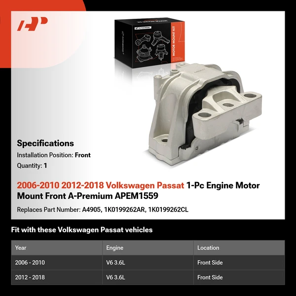 2006-2010 2012-2018 Volkswagen Passat 1-Pc Engine Motor Mount Front A-Premium APEM1559