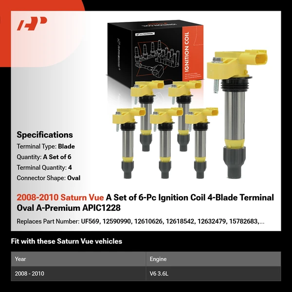 2008-2010 Saturn Vue A Set of 6-Pc Ignition Coil 4-Blade Terminal Oval A-Premium APIC1228