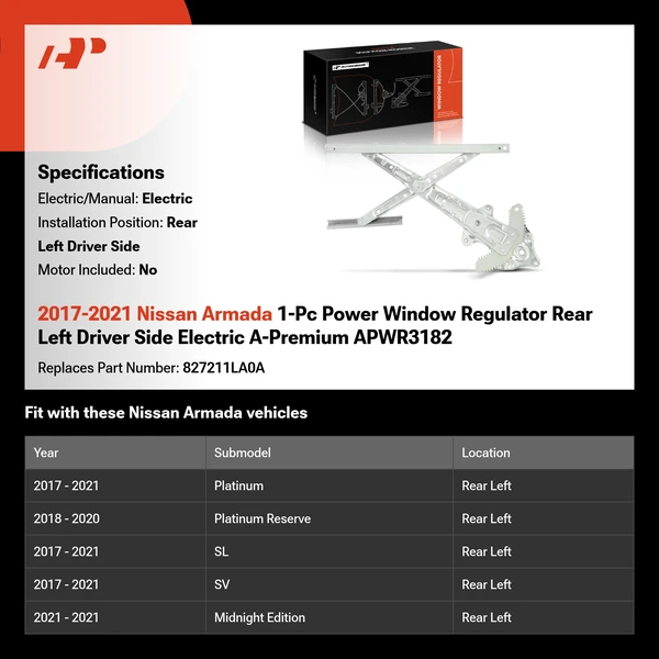 2017-2021 Nissan Armada 1-Pc Power Window Regulator Rear Left Driver Side Electric A-Premium APWR3182