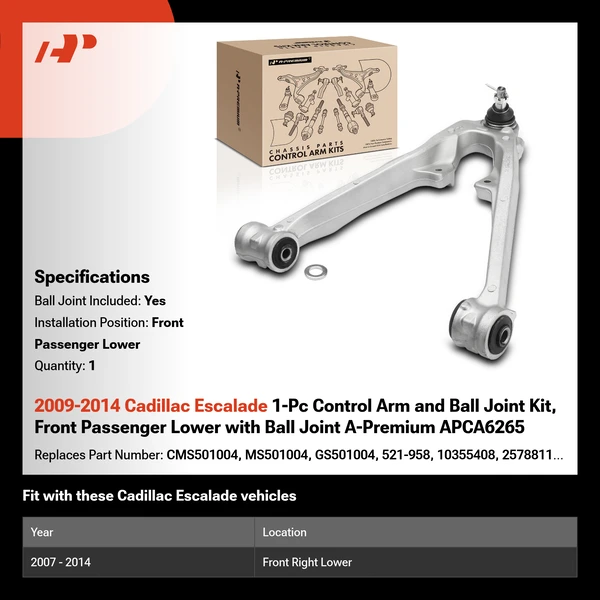 2009-2014 Cadillac Escalade 1-Pc Control Arm and Ball Joint Kit, Front Passenger Lower with Ball Joint A-Premium APCA6265