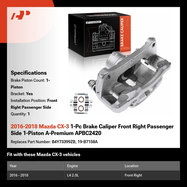 2016-2018 Mazda CX-3 1-Pc Brake Caliper Front Right Passenger Side 1-Piston A-Premium APBC2420