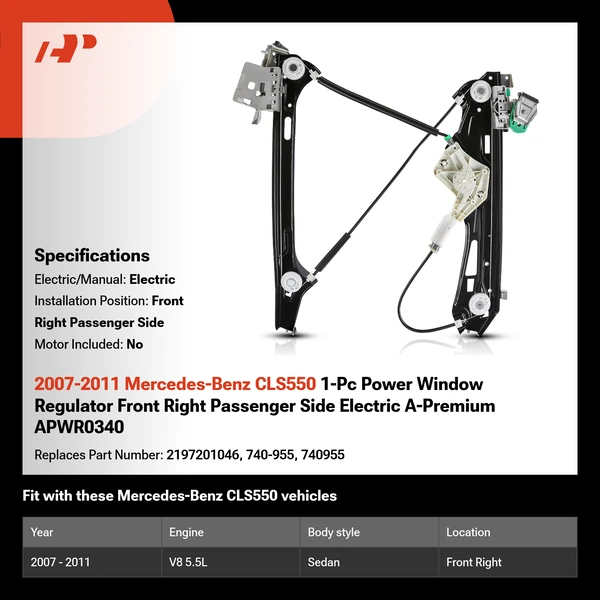 2007-2011 Mercedes-Benz CLS550 1-Pc Power Window Regulator Front Right Passenger Side Electric A-Premium APWR0340