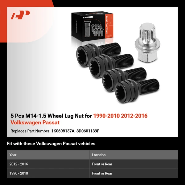 5 Pcs M14-1.5 Wheel Lug Nut for 1990-2010 2012-2016 Volkswagen Passat