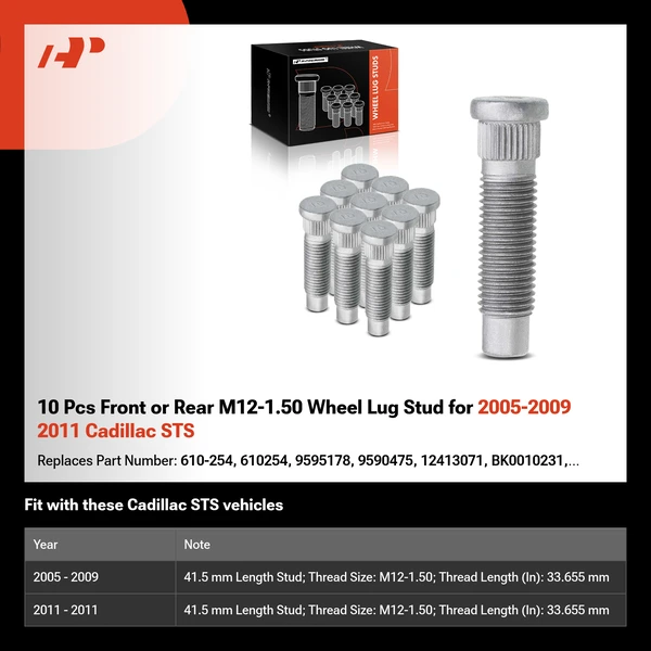 10 Pcs Front or Rear M12-1.50 Wheel Lug Stud for 2005-2009 2011 Cadillac STS