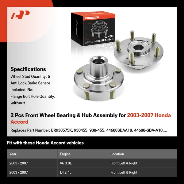 2 Pcs Front Wheel Bearing & Hub Assembly for 2003-2007 Honda Accord