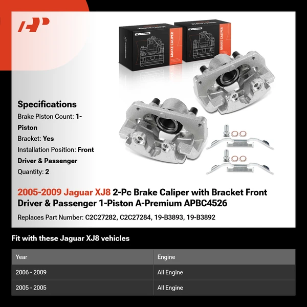 2005-2009 Jaguar XJ8 2-Pc Brake Caliper with Bracket Front Driver & Passenger 1-Piston A-Premium APBC4526