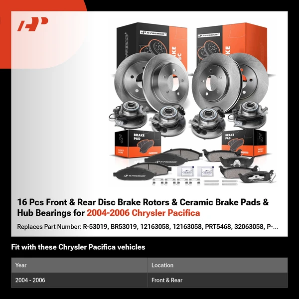 16 Pcs Front & Rear Disc Brake Rotors & Ceramic Brake Pads & Hub Bearings for 2004-2006 Chrysler Pacifica