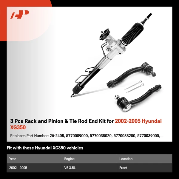 3 Pcs Rack and Pinion & Tie Rod End Kit for 2002-2005 Hyundai XG350
