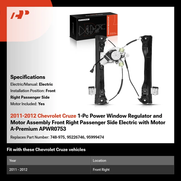 2011-2012 Chevrolet Cruze 1-Pc Power Window Regulator and Motor Assembly Front Right Passenger Side Electric with Motor A-Premium APWR0753