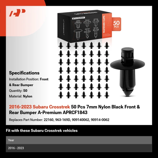 2016-2023 Subaru Crosstrek 50 Pcs 7mm Nylon Black Front & Rear Bumper A-Premium APRCF1843