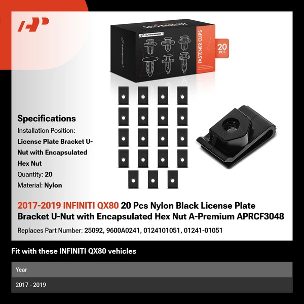 2017-2019 INFINITI QX80 20 Pcs Nylon Black License Plate Bracket U-Nut with Encapsulated Hex Nut A-Premium APRCF3048