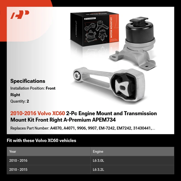 2010-2016 Volvo XC60 2-Pc Engine Mount and Transmission Mount Kit Front Right A-Premium APEM734