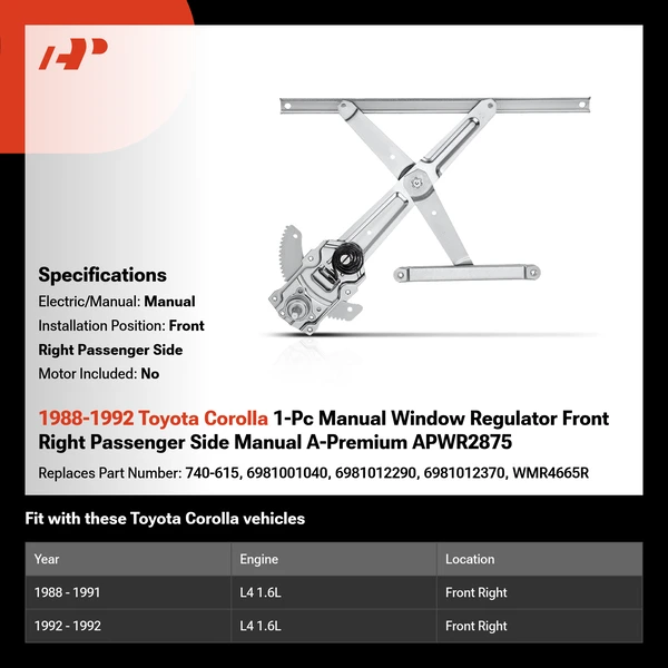 1988-1992 Toyota Corolla 1-Pc Manual Window Regulator Front Right Passenger Side Manual A-Premium APWR2875