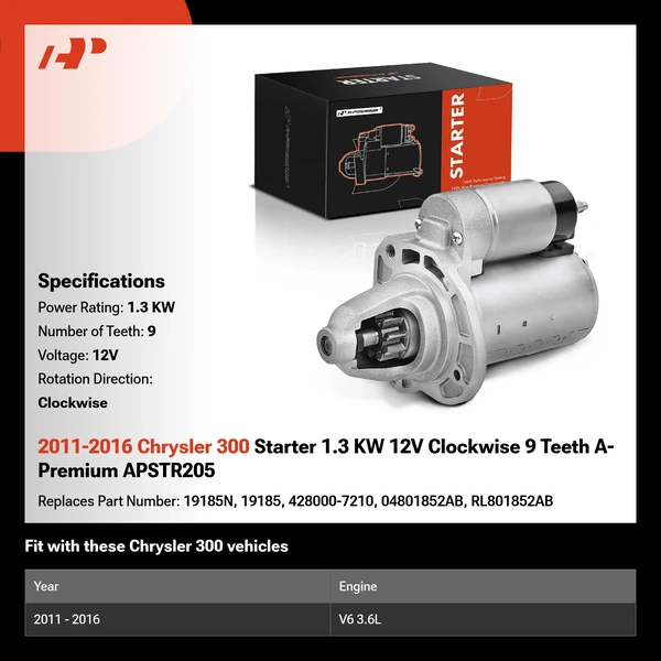 2011-2016 Chrysler 300 Starter 1.3 KW 12V Clockwise 9 Teeth A-Premium APSTR205