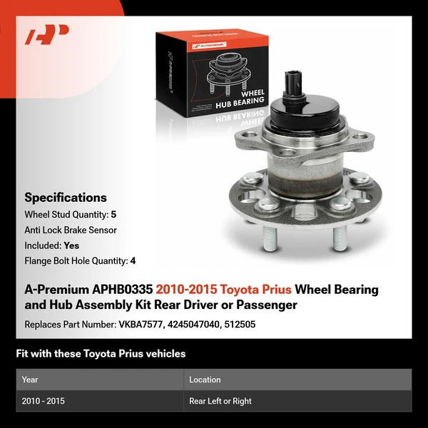 A-Premium APHB0335 2010-2015 Toyota Prius Wheel Bearing and Hub Assembly Kit Rear Driver or Passenger