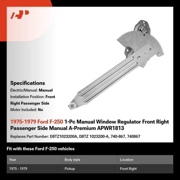 1975-1979 Ford F-250 1-Pc Manual Window Regulator Front Right Passenger Side Manual A-Premium APWR1813