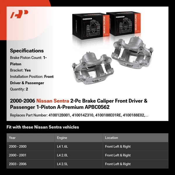 2000-2006 Nissan Sentra 2-Pc Brake Caliper Front Driver & Passenger 1-Piston A-Premium APBC0562