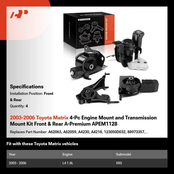 2003-2006 Toyota Matrix 4-Pc Engine Mount and Transmission Mount Kit Front & Rear A-Premium APEM1128