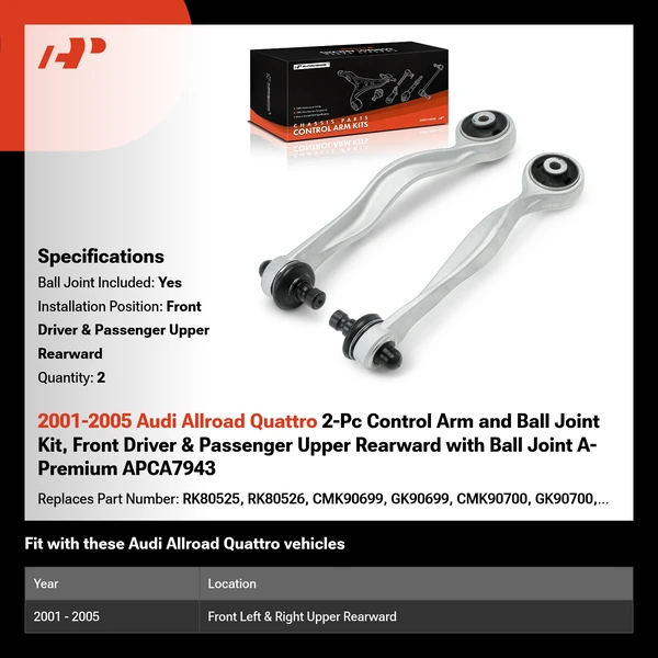 2001-2005 Audi Allroad Quattro 2-Pc Control Arm and Ball Joint Kit, Front Driver & Passenger Upper Rearward with Ball Joint A-Premium APCA7943