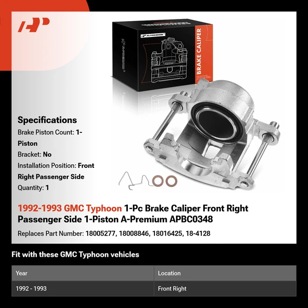 1992-1993 GMC Typhoon 1-Pc Brake Caliper Front Right Passenger Side 1-Piston A-Premium APBC0348