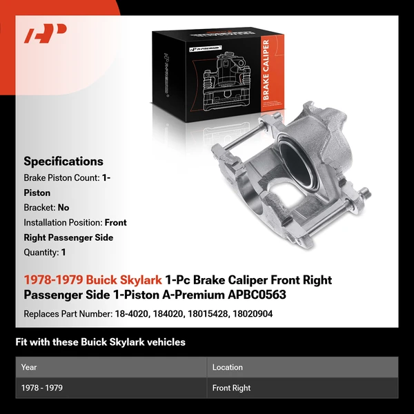 1978-1979 Buick Skylark 1-Pc Brake Caliper Front Right Passenger Side 1-Piston A-Premium APBC0563