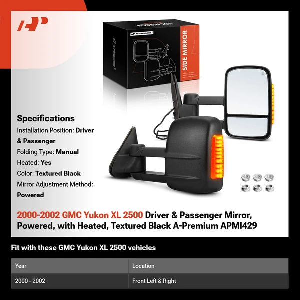 2000-2002 GMC Yukon XL 2500 Driver & Passenger Mirror, Powered, with Heated, Textured Black A-Premium APMI429