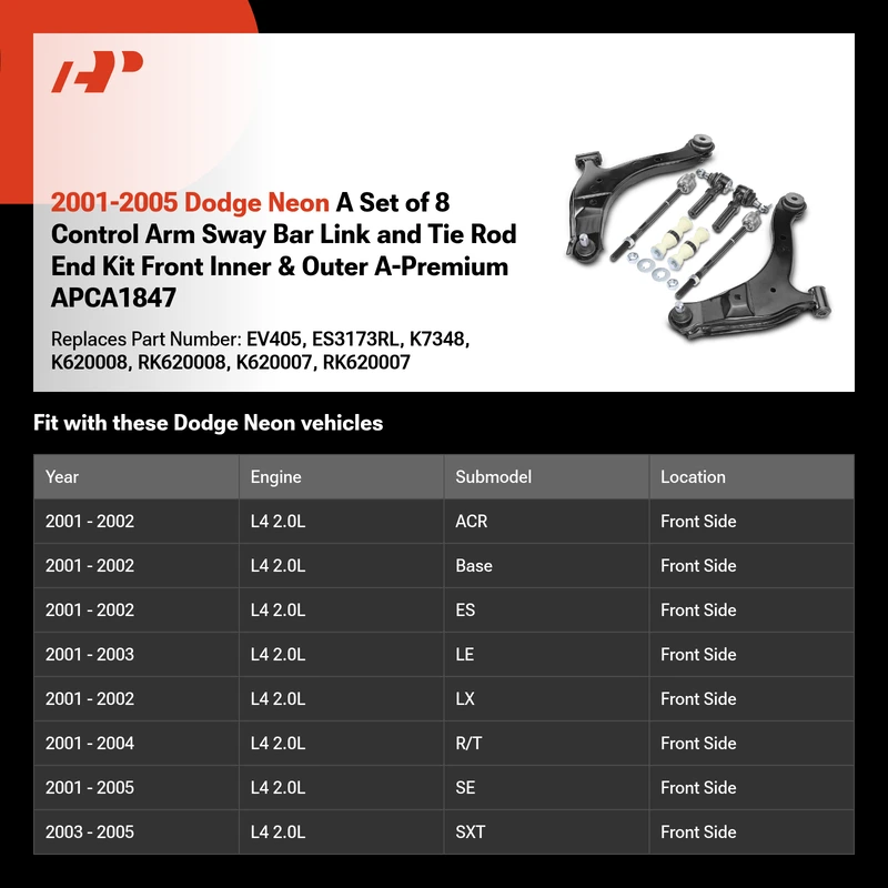 2001-2005 Dodge Neon A Set of 8 Control Arm Sway Bar Link and Tie Rod End Kit Front Inner & Outer A-Premium APCA1847