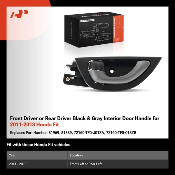 Front Driver or Rear Driver Black & Gray Interior Door Handle for 2011-2013 Honda Fit
