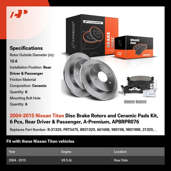 2004-2015 Nissan Titan Disc Brake Rotors and Ceramic Pads Kit, 6 Pcs, Rear Driver & Passenger, A-Premium, APBRPR076