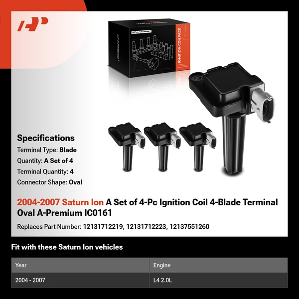 2004-2007 Saturn Ion A Set of 4-Pc Ignition Coil 4-Blade Terminal Oval A-Premium IC0161