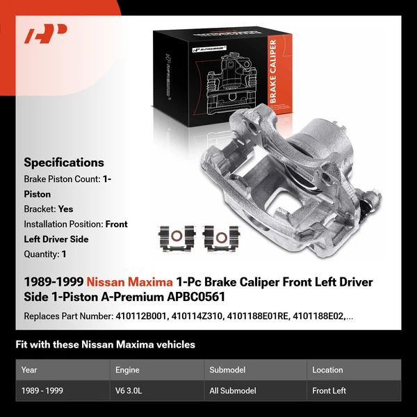 1989-1999 Nissan Maxima 1-Pc Brake Caliper Front Left Driver Side 1-Piston A-Premium APBC0561