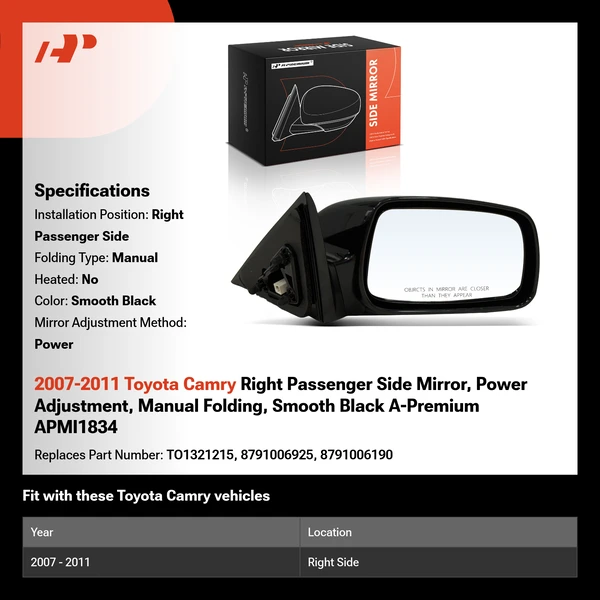 2007-2011 Toyota Camry Right Passenger Side Mirror, Power Adjustment, Manual Folding, Smooth Black A-Premium APMI1834