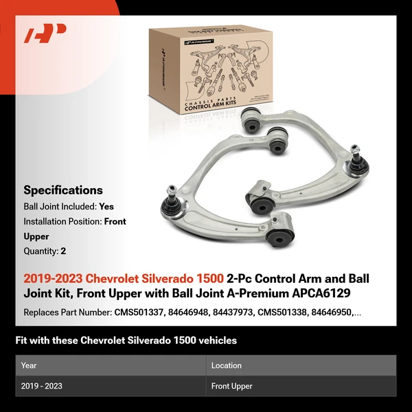 2019-2023 Chevrolet Silverado 1500 2-Pc Control Arm and Ball Joint Kit, Front Upper with Ball Joint A-Premium APCA6129