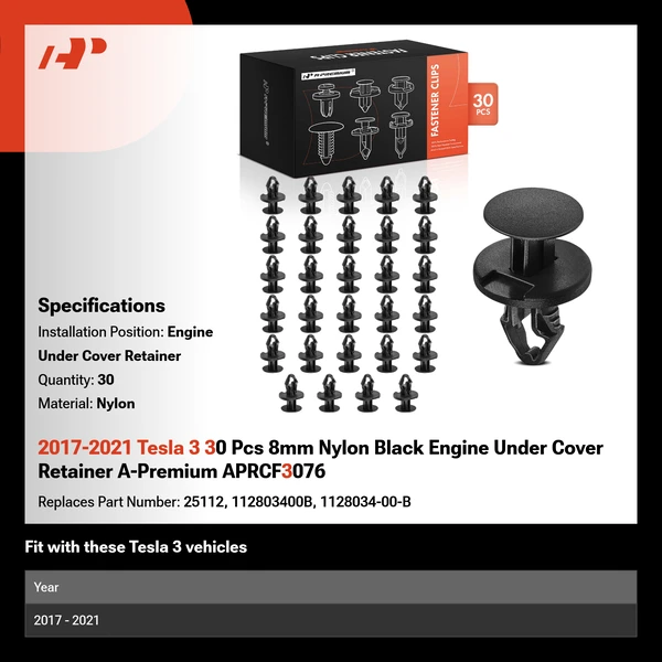 2017-2021 Tesla 3 30 Pcs 8mm Nylon Black Engine Under Cover Retainer A-Premium APRCF3076
