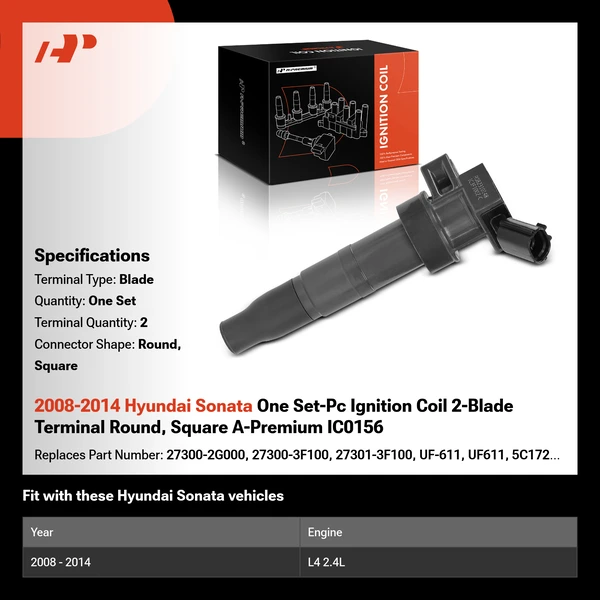 2008-2014 Hyundai Sonata One Set-Pc Ignition Coil 2-Blade Terminal Round, Square A-Premium IC0156