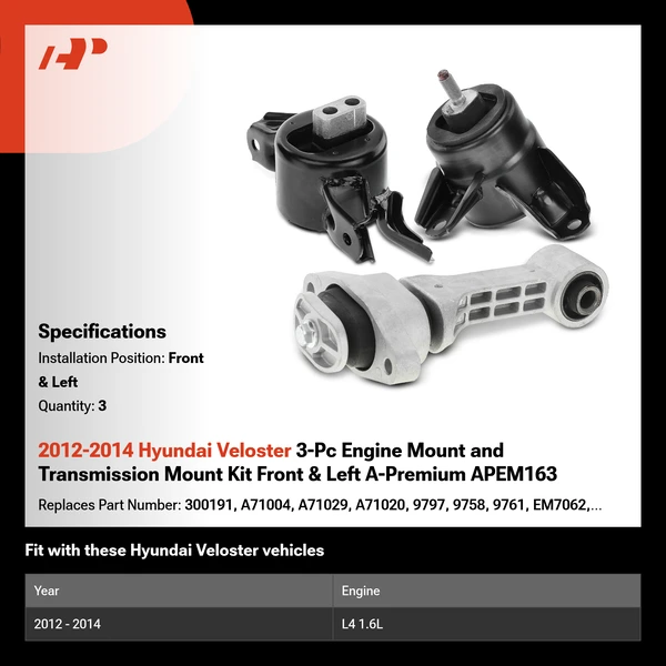 2012-2014 Hyundai Veloster 3-Pc Engine Mount and Transmission Mount Kit Front & Left A-Premium APEM163
