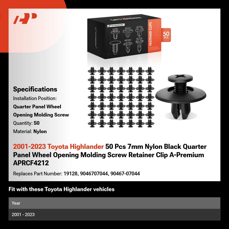 2001-2023 Toyota Highlander 50 Pcs 7mm Nylon Black Quarter Panel Wheel Opening Molding Screw Retainer Clip A-Premium APRCF4212
