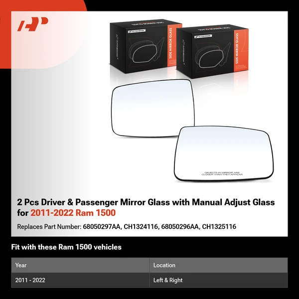 2 Pcs Driver & Passenger Mirror Glass with Manual Adjust Glass for 2011-2022 Ram 1500