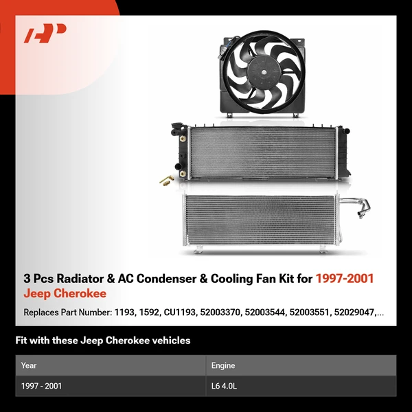 3 Pcs Radiator & AC Condenser & Cooling Fan Kit for 1997-2001 Jeep Cherokee