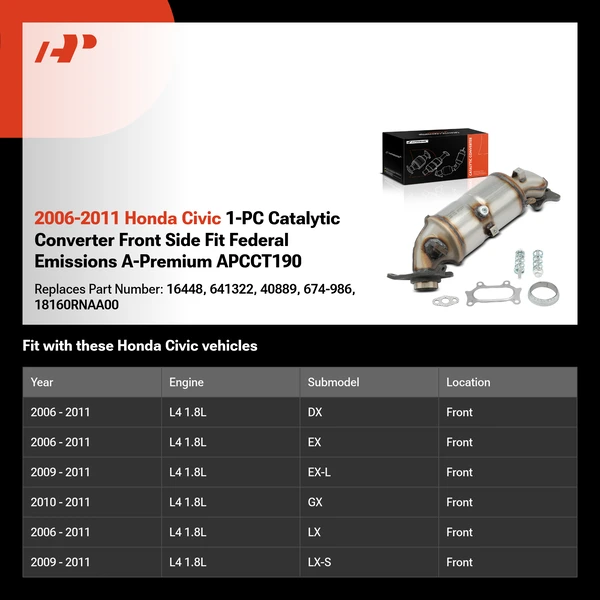 2006-2011 Honda Civic 1-PC Catalytic Converter Front Side Fit Federal Emissions A-Premium APCCT190