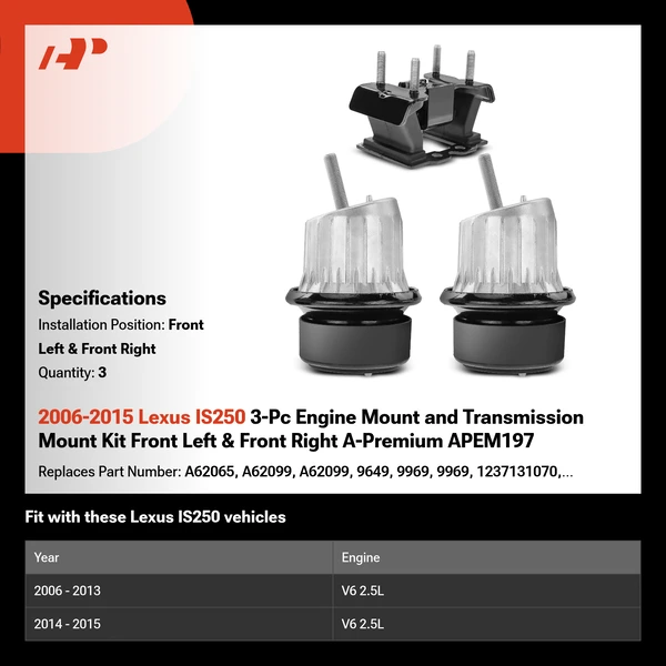 2006-2015 Lexus IS250 3-Pc Engine Mount and Transmission Mount Kit Front Left & Front Right A-Premium APEM197